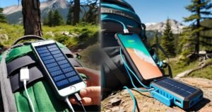 7 Best Solar Power Banks for Camping 2025. Portable Solar power bank charging a smartphone on a backpack during a sunny forest hike with trees and mountains in the background