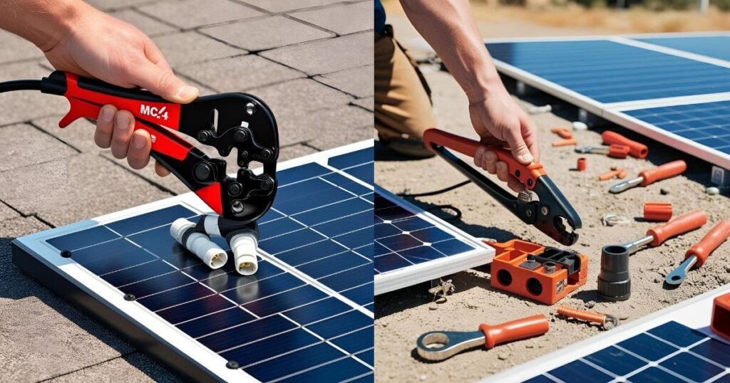 10 Must-Have Tools for DIY Solar Panel Installation 1 A hand using an MC4 crimper to secure solar panel connectors