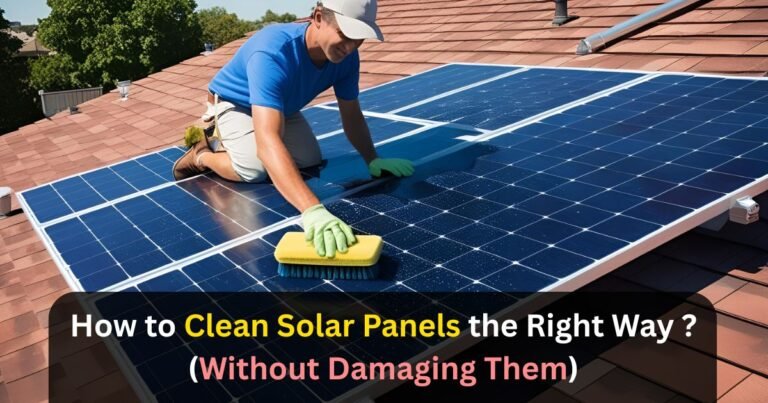 How to Clean Solar Panels the Right Way (Without Damaging Them). Homeowner cleaning rooftop solar panels with a soft brush on a sunny day, ensuring optimal energy efficiency