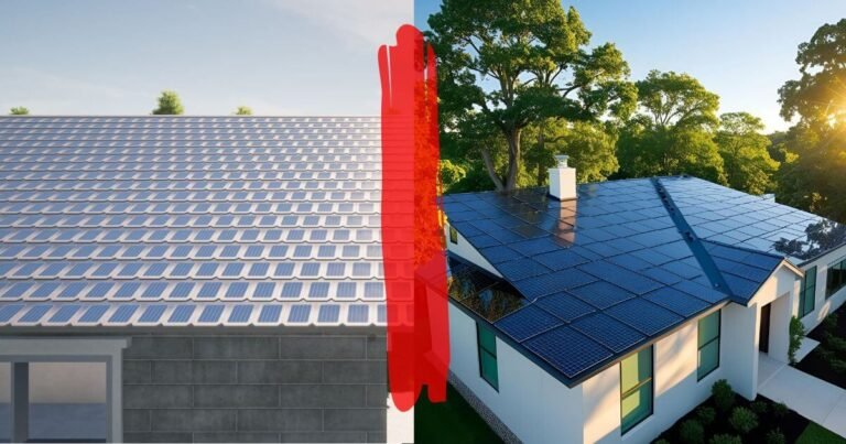 Side by side comparison of solar panels vs solar shingles on rooftops, showing the difference in design and installation.