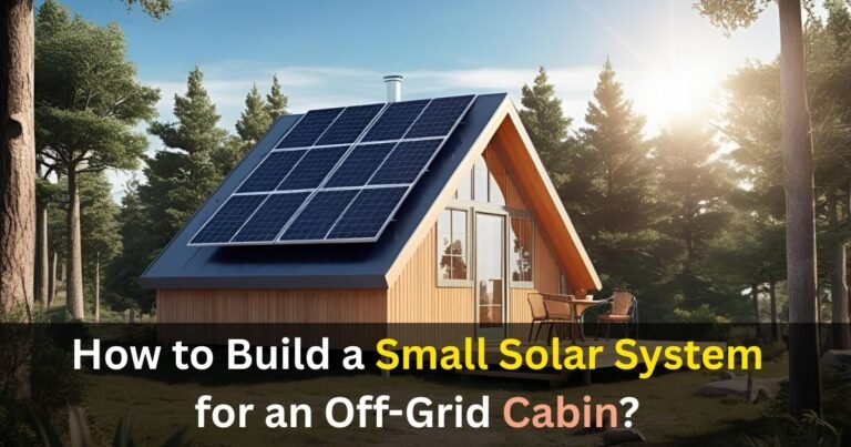 Small Solar System for Cabin. A cozy off grid cabin surrounded by trees with solar panels on the roof, under a clear blue sky, sunlight shining on the panels, a peaceful natural setting, realistic style