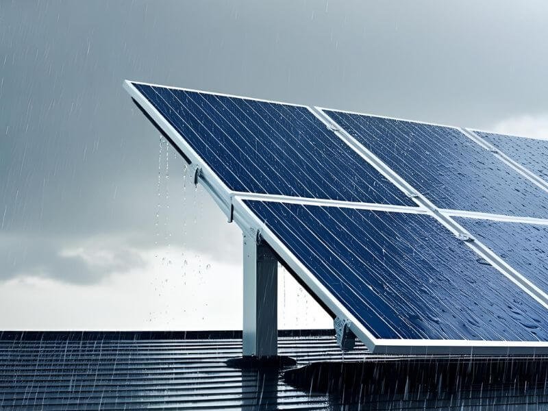 Can Solar Panels Work During Rain or at Night? 5 A solar panel system on a rooftop during a light rain shower.
