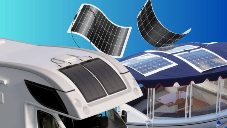 Best flexible solar panels are installed on a camper van and a boat in a scenic off grid location by a lake, with mountains in the background