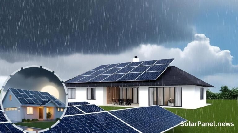 Can Solar Panels Work During Rain or at Night Modern home with solar panels during light rain under cloudy skies, illustrating that solar panels can still function in less than sunny weather
