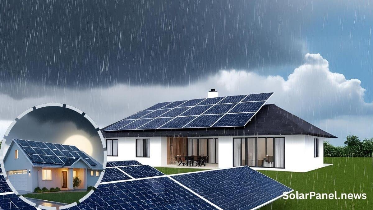 Can Solar Panels Work During Rain or at Night Modern home with solar panels during light rain under cloudy skies, illustrating that solar panels can still function in less than sunny weather