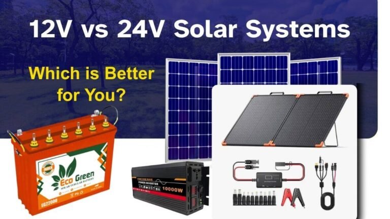 Comparison of 12V vs 24V solar systems with panels, batteries, and inverters labeled