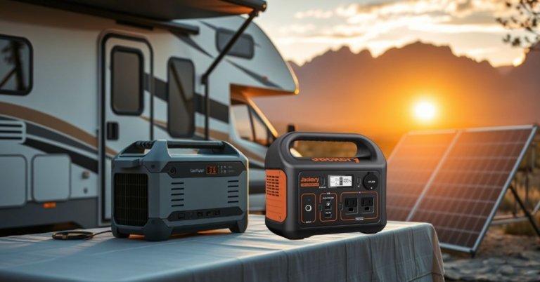 A modern solar generator sitting next to an RV in a scenic, sunny campsite, illustrating the best solar generator for RV
