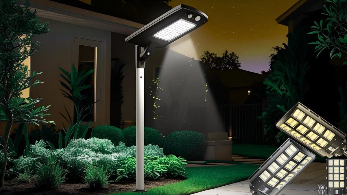 A weatherproof, ultra bright all in one solar street light installed in a yard, glowing at night with remote controlled motion sensor lighting
