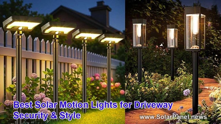 Best solar motion lights for driveway installation showing bright LED illumination with motion sensor activation in residential setting