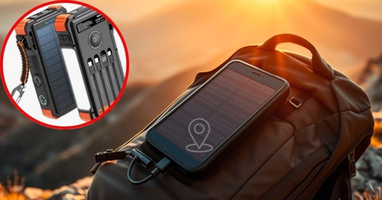 Best solar power bank for hiking in 2025 a durable, sunlight powered charger on a backpack in the mountains, keeping phones and GPS devices charged off grid