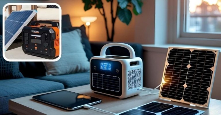Compact solar generator powering devices in a modern apartment during blackout, with foldable solar panel near the window, perfect for renters without balconies