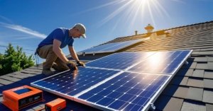 DIY solar panel install kit review showing multiple solar panels being installed on a residential roof with installation tools and equipment visible