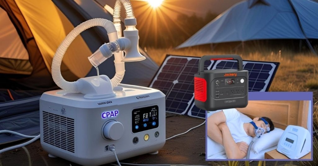 Sleep Anywhere, Anytime: Best Solar Generators for CPAP Machine Users Revealed 4 Photo of a CPAP machine powered by a portable solar generator with solar panels set up beside a tent at sunrise, symbolizing off grid sleep freedom for CPAP users