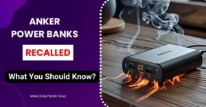 Photo of an Anker PowerCore 10000 (Model A1366) charger (Power Bank) overheating with smoke and a recall warning, highlighting the fire hazard risk for users