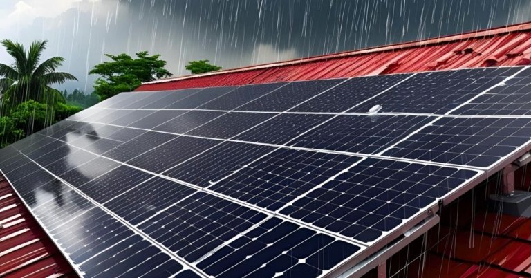 Rooftop solar panels during monsoon season with clouds and light rain, showing water resistant design and ongoing energy generation under low sunlight
