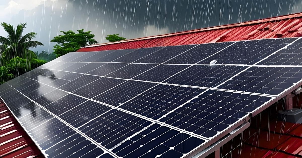 Rooftop solar panels during monsoon season with clouds and light rain, showing water resistant design and ongoing energy generation under low sunlight