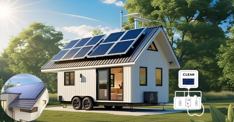 Solar powered tiny house with rooftop panels and off grid battery system in a sunny natural setting. Infographic highlights energy independence for sustainable living