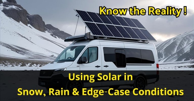 A camper van with solar panels on the roof parked in a snowy mountain landscape during a cloudy day, showing the resilience of van solar in adverse weather