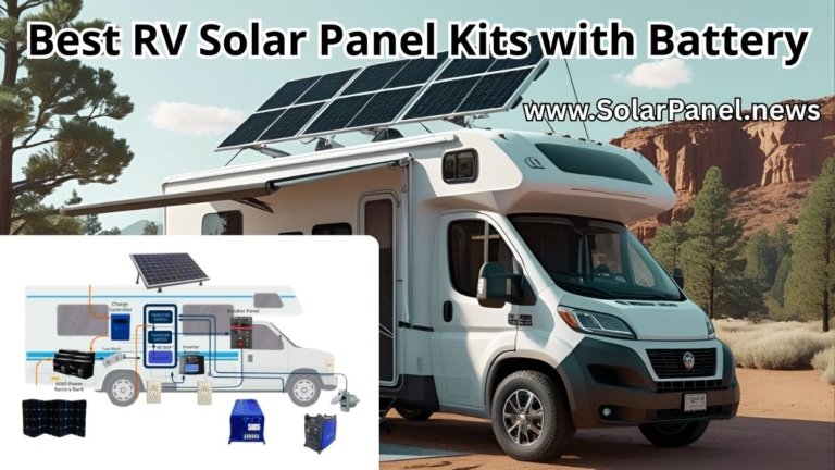 Photorealistic image of an RV equipped with rooftop solar panels and a portable battery, parked off grid in nature—Best RV solar panel kits with battery