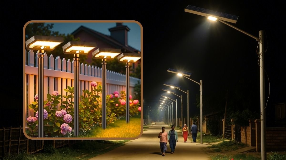 Solar powered street lights illuminating a rural village at night, showing community safety and sustainable lighting solutions for remote areas