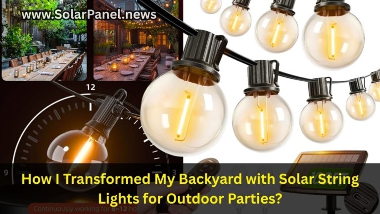 Solar string lights for outdoor party glowing in backyard garden at night