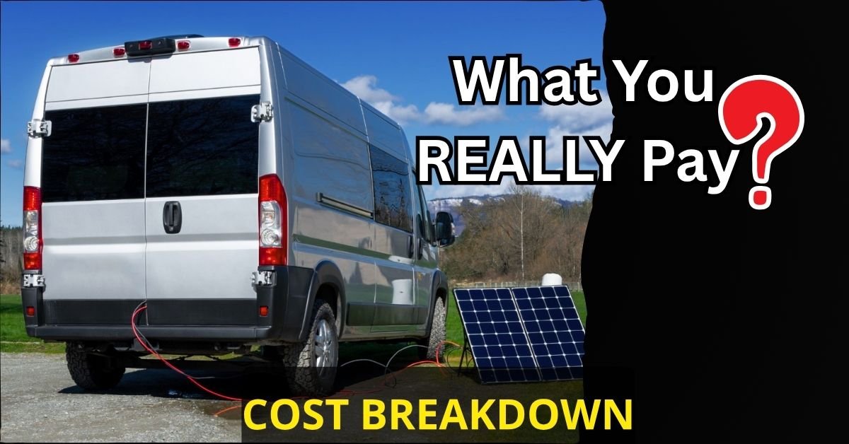 Van with solar panels on roof parked in a scenic U.S. landscape, illustrating solar panel cost breakdown for van life