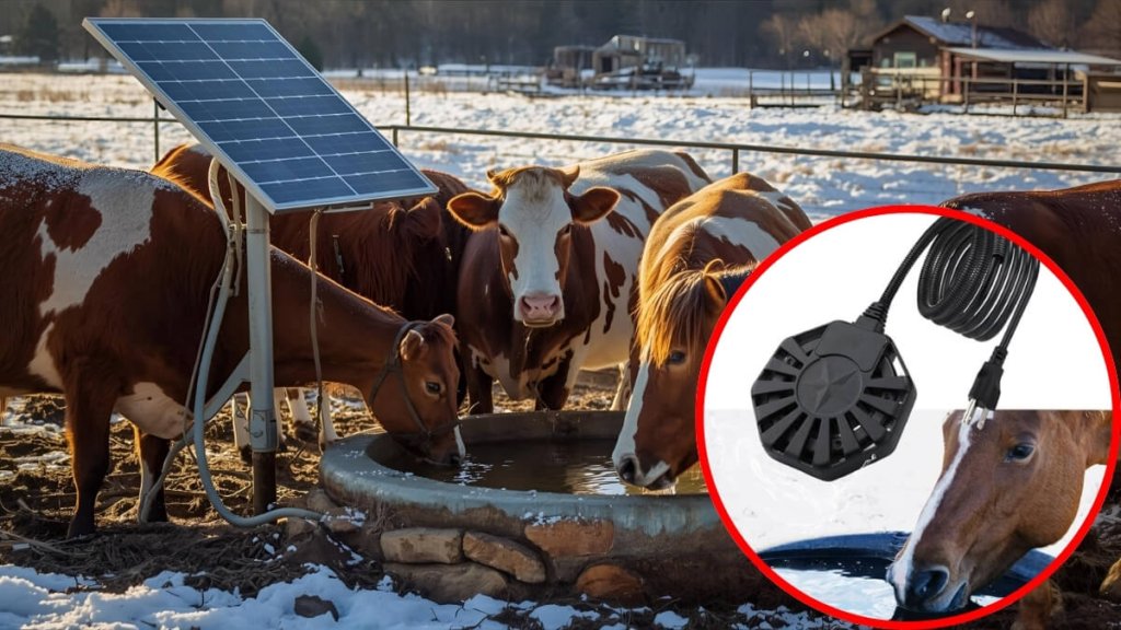 Solar water tank heater for livestock keeping cows hydrated in winter pasture