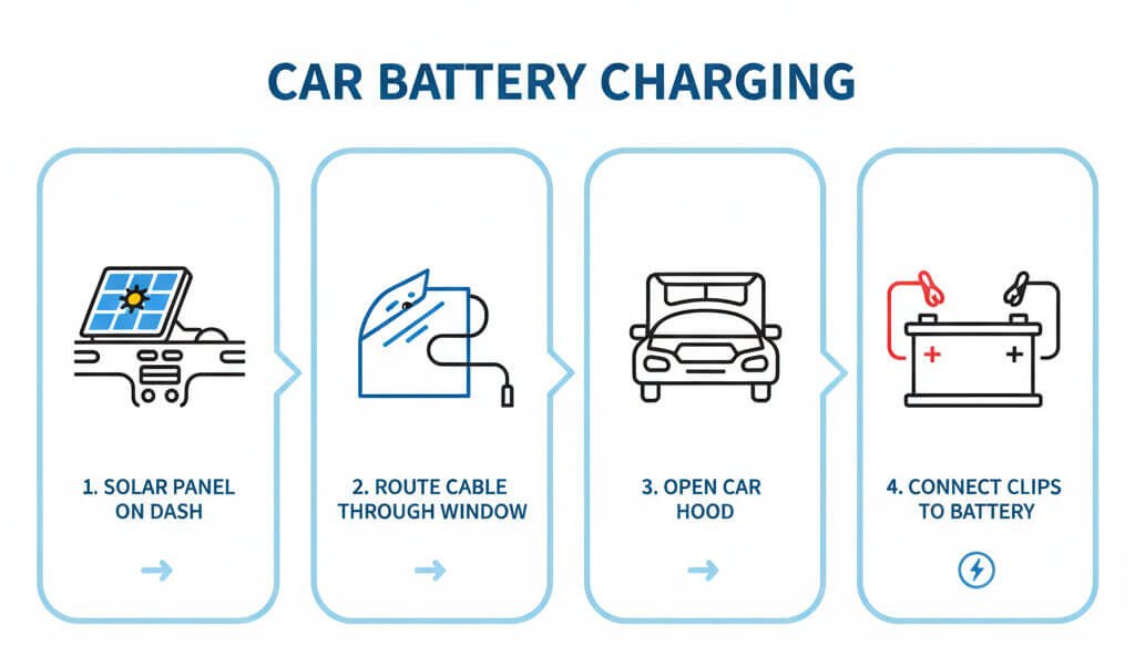 Best Permanent Solar Car Battery Charger Guide 2025 7 Step by step diagram for installing a permanent solar car battery charger on a vehicle dashboard and battery