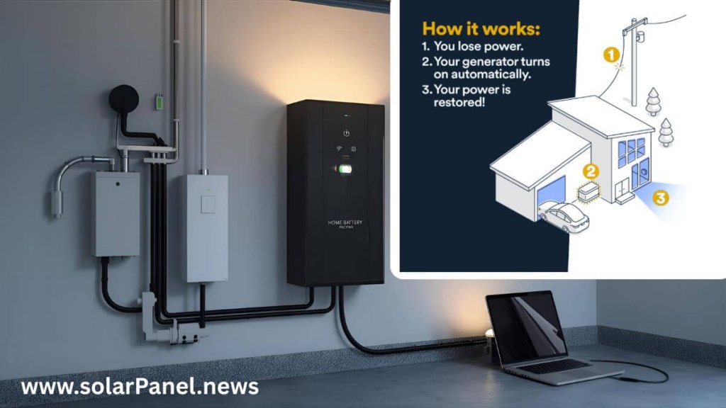 How to Get Home Battery Backup Without Solar Panel 1 A modern home battery unit installed in a clean garage, with a laptop and lights on, illustrating a home battery backup without solar