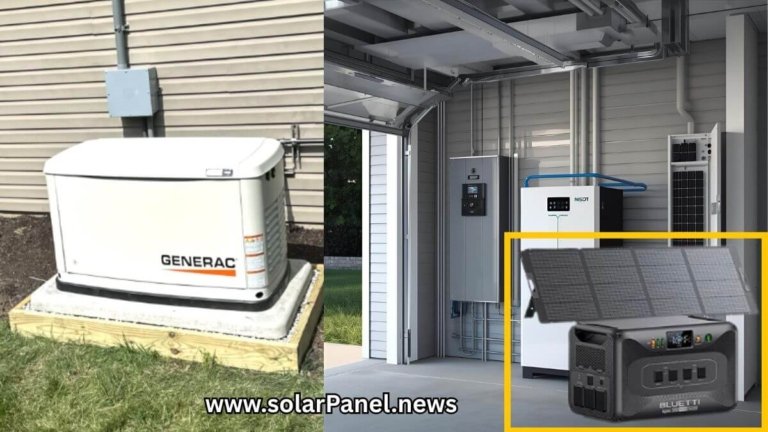 A modern solar battery backup system installed in a home garage next to an electrical panel (best solar battery backup system for home).