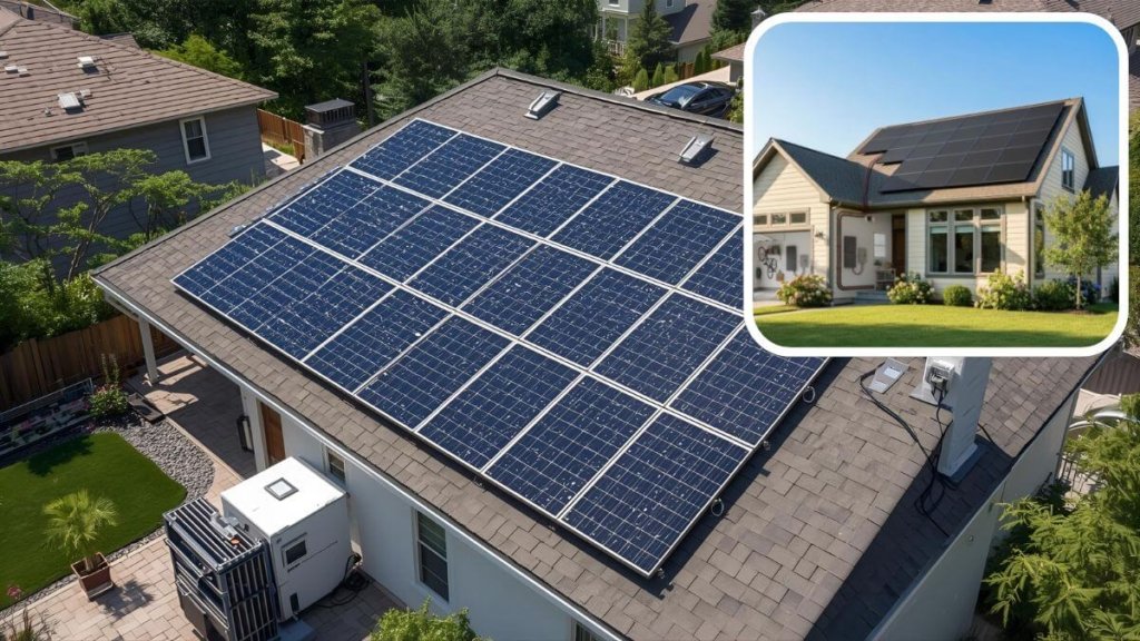 Solar panels with battery backup for home use installed on a modern American home roof