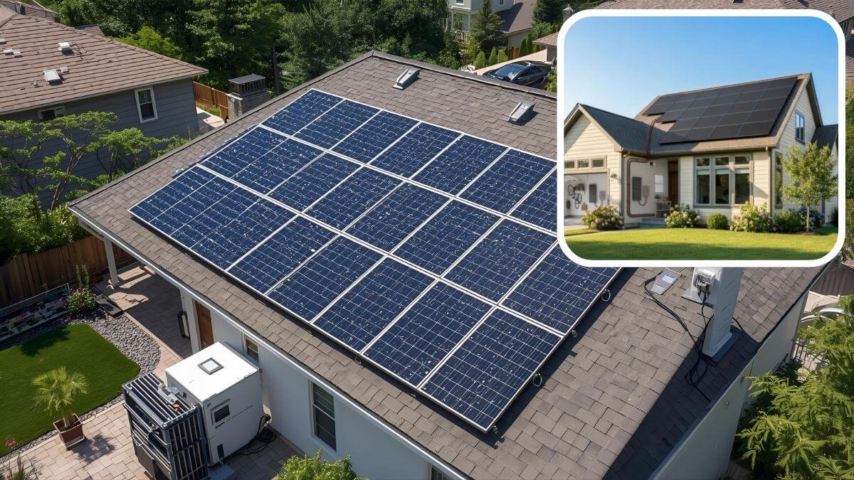 Solar panels with battery backup for home use installed on a modern American home roof